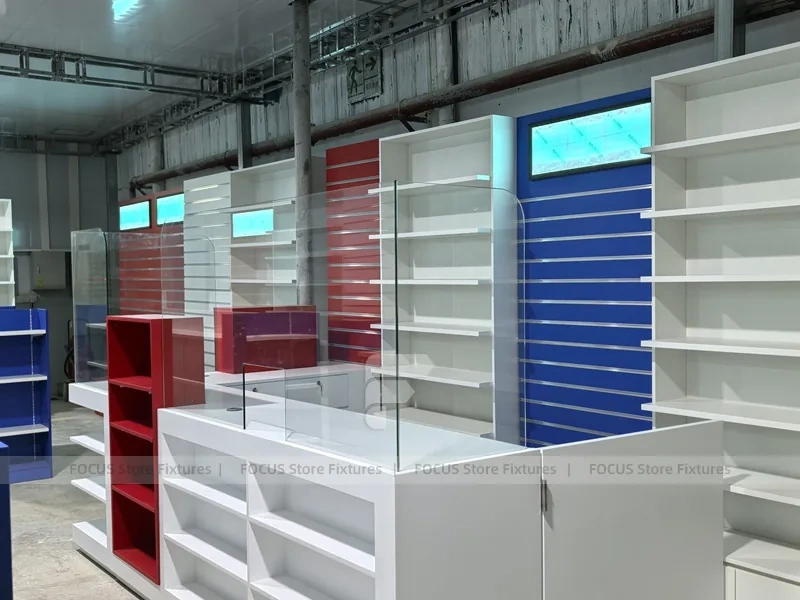 Blue Red Pharmacy Slatwall Shelving Fixture Set