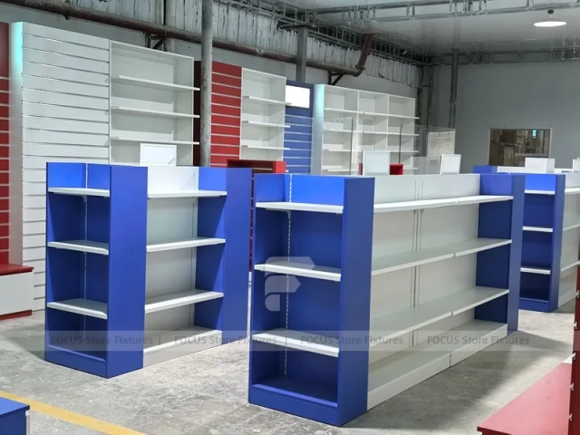 Blue Red Pharmacy Slatwall Shelving Fixture Set
