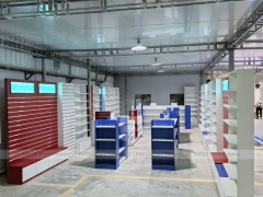 Blue Red Pharmacy Store Fixture Layout with Gondolas