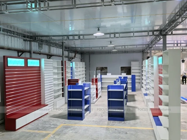 Blue Red Pharmacy Store Fixture Layout with Gondolas
