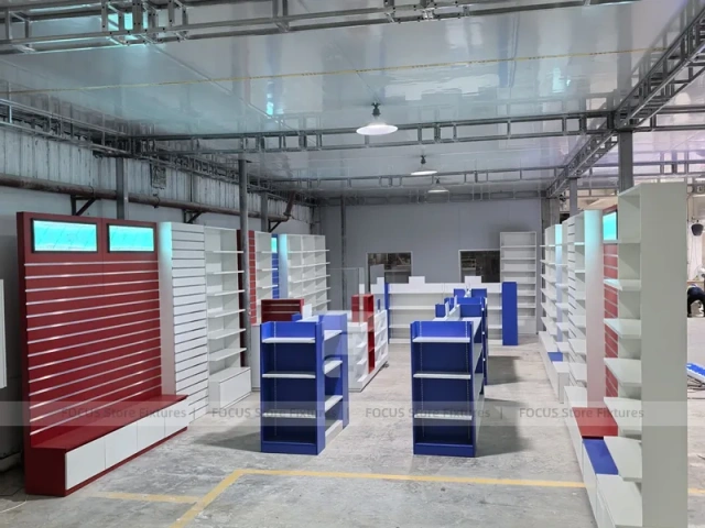 Blue Red Pharmacy Store Fixture Layout with Gondolas