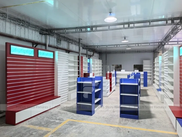 Blue Red Pharmacy Store Fixture Layout with Gondolas