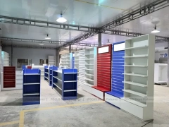 Blue Red Pharmacy Store Fixture Layout with Gondolas