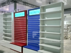 Blue Red Pharmacy Store Fixture Layout with Gondolas