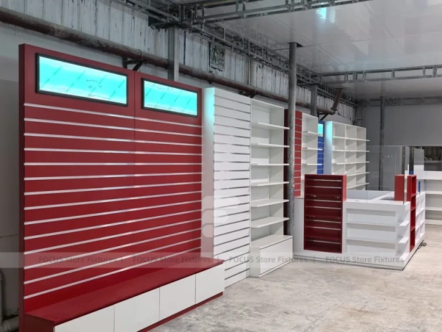 Blue Red Pharmacy Store Fixture Layout with Gondolas