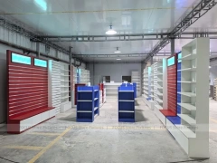 Blue Red Pharmacy Store Fixture Layout with Gondolas
