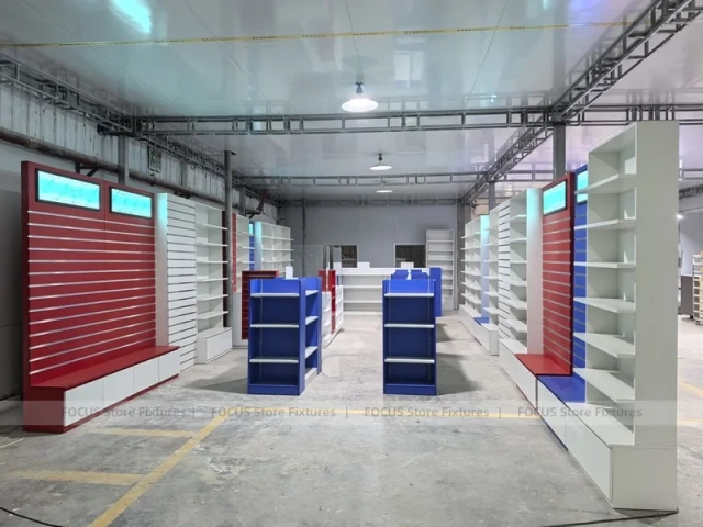 Blue Red Pharmacy Store Fixture Layout with Gondolas