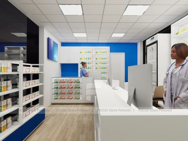 Blue Trim Pharmacy Consultation Counter and Shelving Office