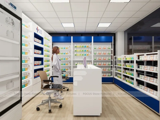 Blue Trim Pharmacy Consultation Counter and Shelving Office