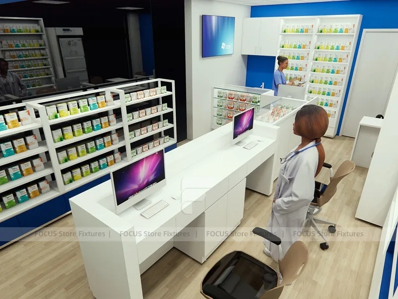 Blue Trim Pharmacy Consultation Counter and Shelving Office