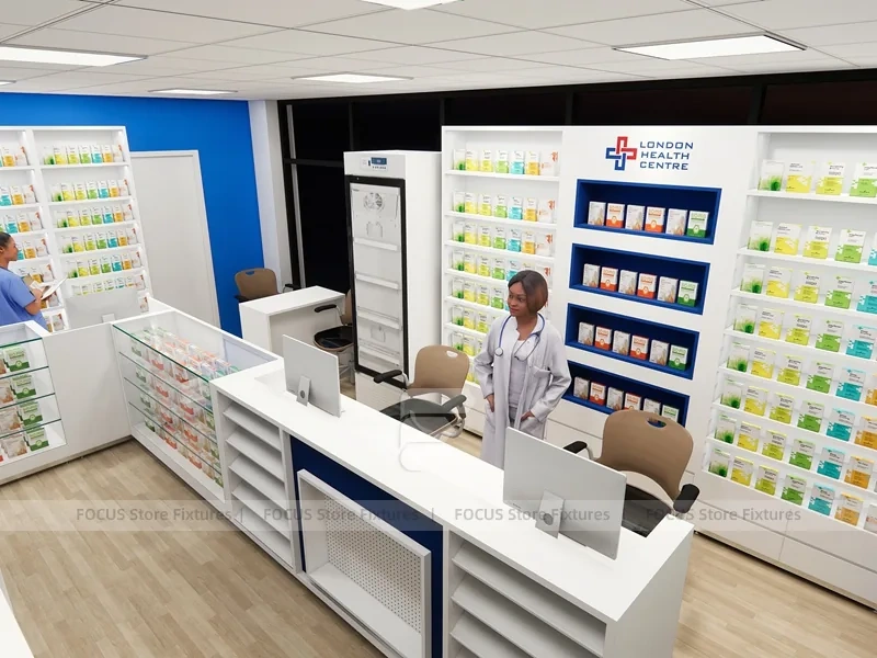 Blue Trim Pharmacy Consultation Counter and Shelving Office
