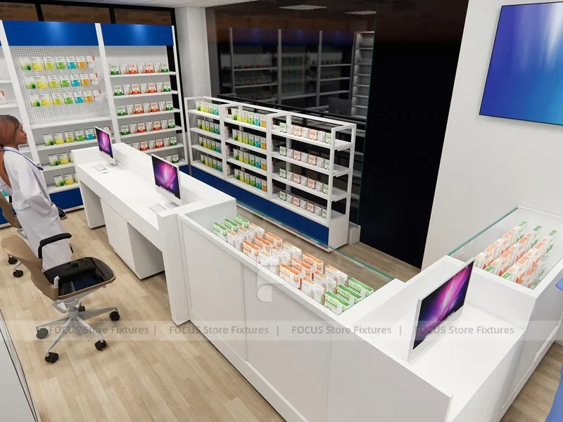Blue Trim Pharmacy Consultation Counter and Shelving Office