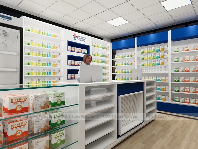 Blue Trim Pharmacy Consultation Counter and Shelving Office