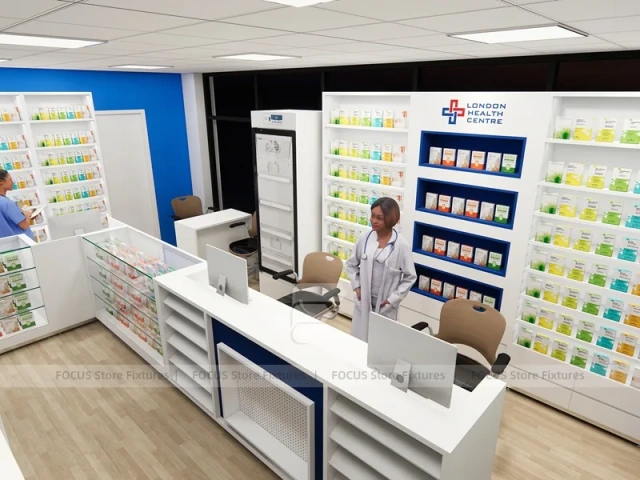 Blue Trim Pharmacy Counter and Office Dispensing Layout