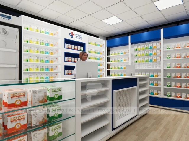 Blue Trim Pharmacy Counter and Office Dispensing Layout