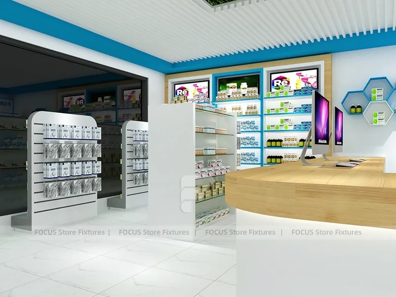 Blue Trim Pharmacy Counter with Green Ceiling Logo