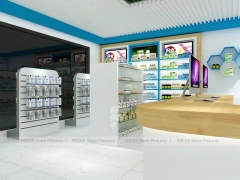 Blue Trim Pharmacy Counter with Green Ceiling Logo