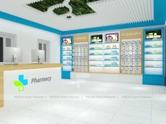 Blue Trim Pharmacy Counter with Green Ceiling Logo