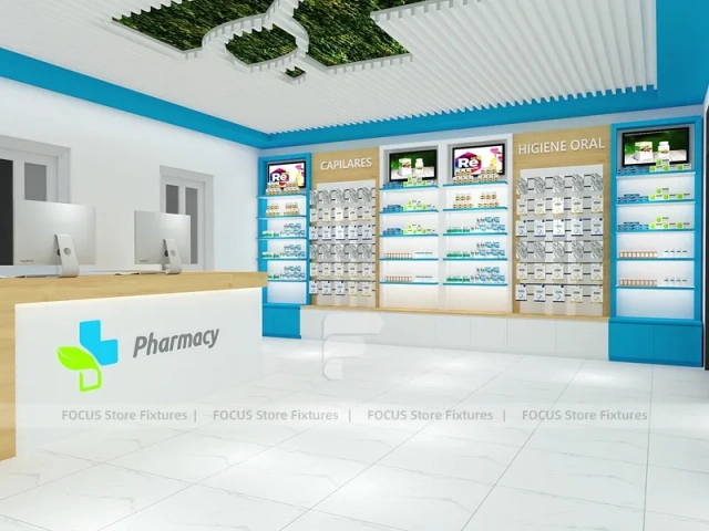 Blue Trim Pharmacy Counter with Green Ceiling Logo
