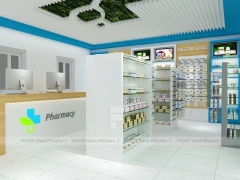 Blue Trim Pharmacy Counter with Green Ceiling Logo