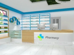 Blue Trim Pharmacy Counter with Green Ceiling Logo