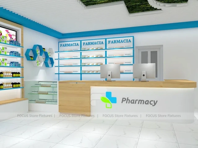 Blue Trim Pharmacy Counter with Green Ceiling Logo