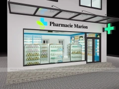 Blue Trim Pharmacy Counter with Green Ceiling Logo