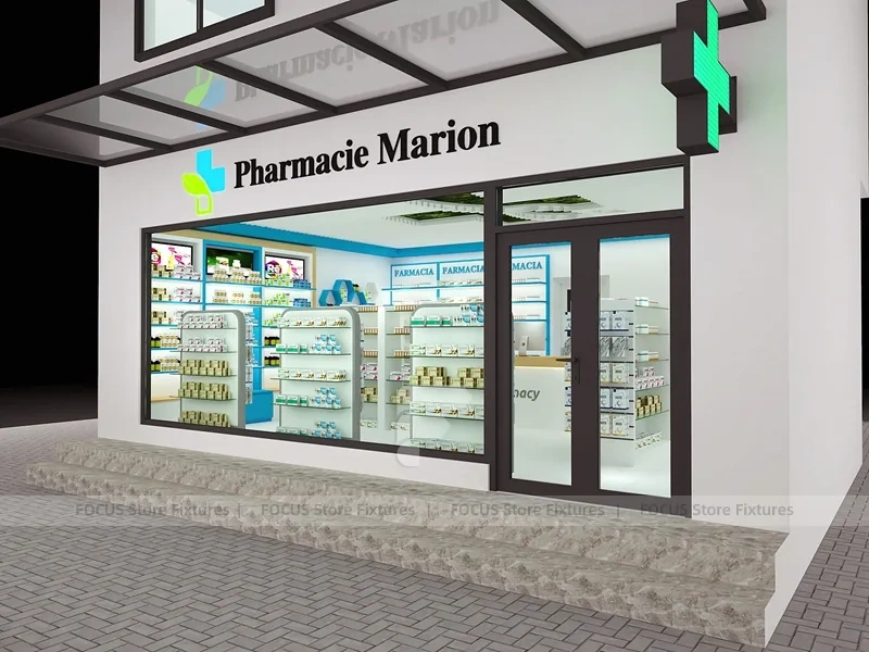Blue Trim Pharmacy Counter with Green Ceiling Logo