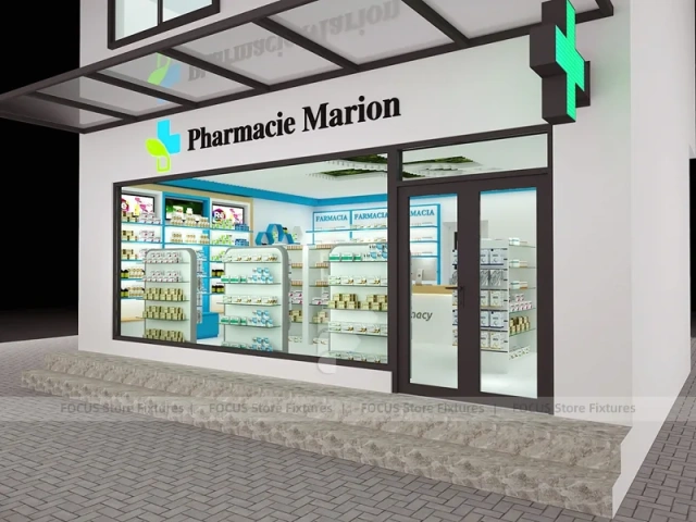 Blue Trim Pharmacy Counter with Green Ceiling Logo