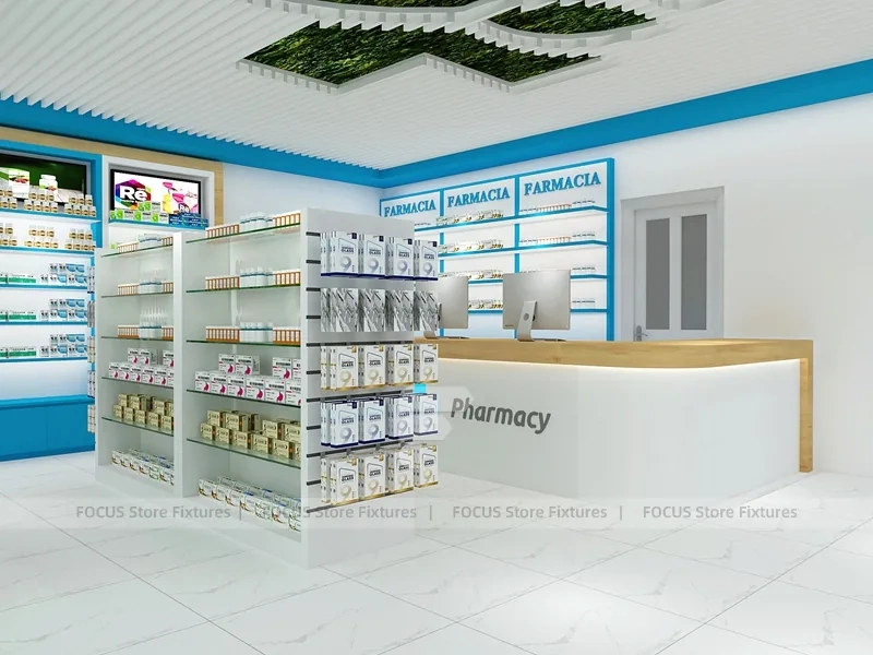 Blue Trim Pharmacy Counter with Green Ceiling Logo