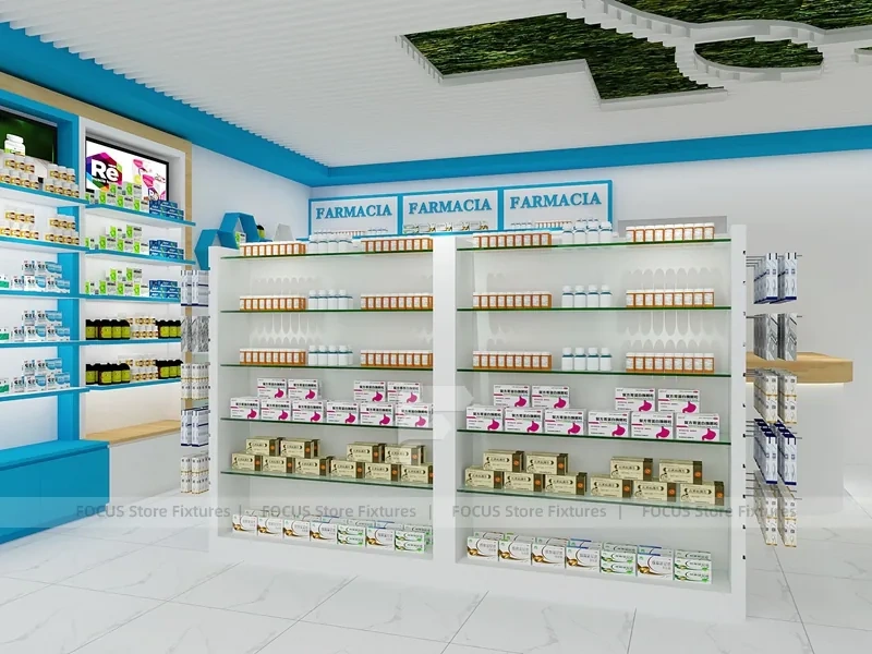 Blue Trim Pharmacy Counter with Green Ceiling Logo