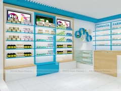 Blue Trim Pharmacy Counter with Green Ceiling Logo