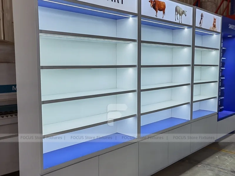 Blue Veterinary Pharmacy Wall Shelving Fixture Set