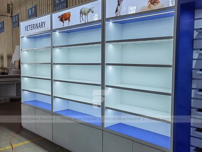 Blue Veterinary Pharmacy Wall Shelving Fixture Set