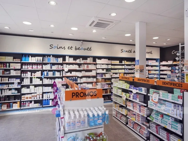 Blue White Pharmacy Aisle Shelving and Promo Gondola