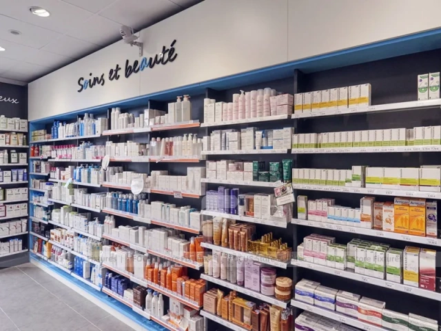 Blue White Pharmacy Aisle Shelving and Promo Gondola