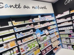 Blue White Pharmacy Aisle Shelving and Promo Gondola