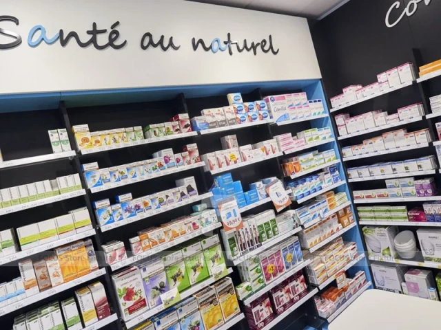 Blue White Pharmacy Aisle Shelving and Promo Gondola