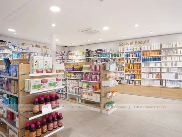 Blue White Pharmacy Aisle Shelving and Promo Gondola