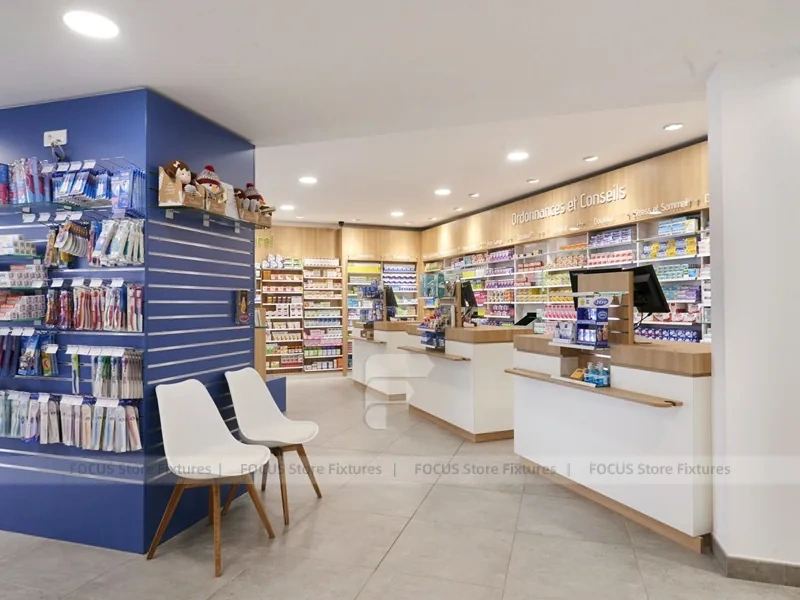 Blue White Pharmacy Aisle Shelving and Promo Gondola
