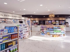 Blue White Pharmacy Aisle Shelving and Promo Gondola