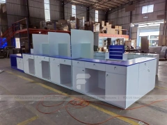 Blue White Pharmacy Checkout Counter and Gondola Fixtures