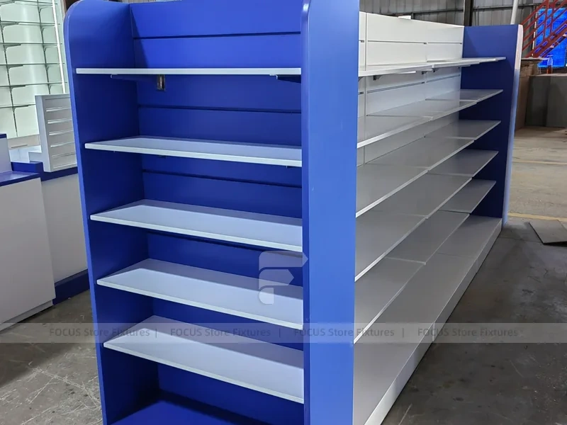 Blue White Pharmacy Checkout Counter and Gondola Fixtures