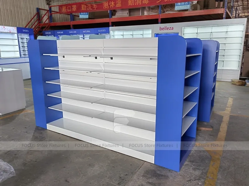 Blue White Pharmacy Checkout Counter and Gondola Fixtures