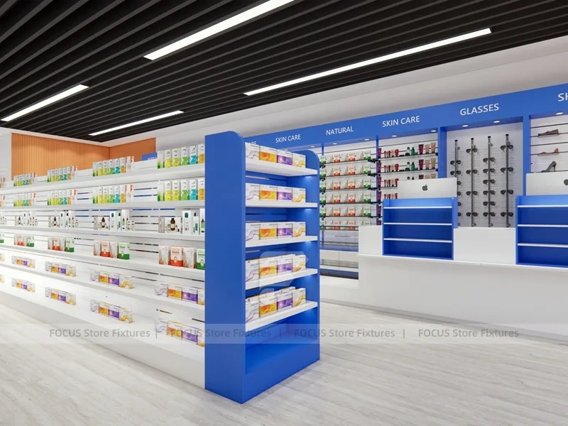 Blue White Pharmacy Shelving under Black Linear Ceiling