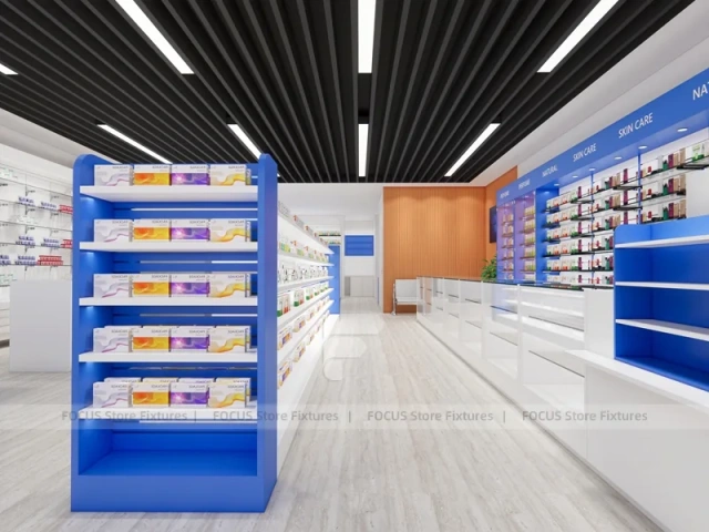 Blue White Pharmacy Shelving under Black Linear Ceiling