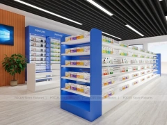 Blue White Pharmacy Shelving under Black Linear Ceiling
