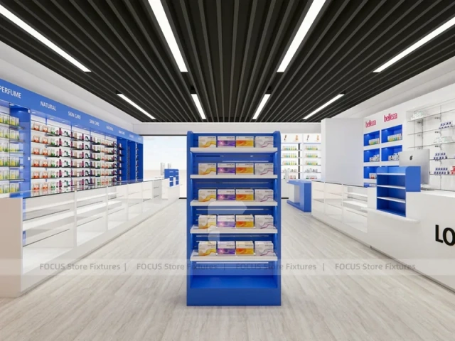 Blue White Pharmacy Shelving under Black Linear Ceiling