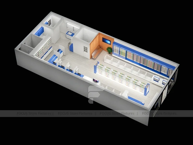 Blue White Pharmacy Shelving under Black Linear Ceiling
