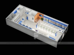 Blue White Pharmacy Shelving under Black Linear Ceiling